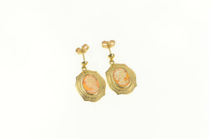 10K Ornate Carved Shell Cameo Statement Dangle Earrings Yellow Gold