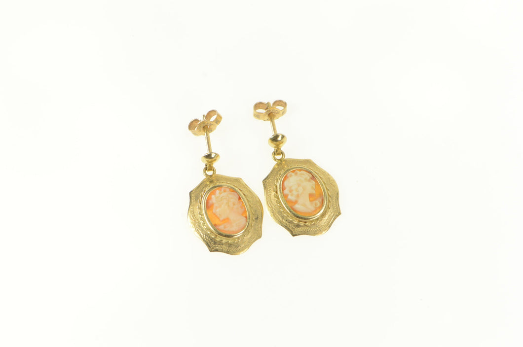 10K Ornate Carved Shell Cameo Statement Dangle Earrings Yellow Gold