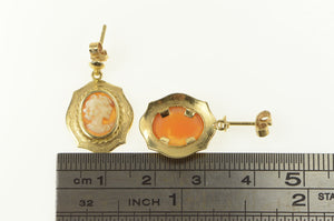 10K Ornate Carved Shell Cameo Statement Dangle Earrings Yellow Gold