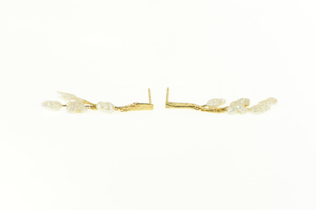 14K Blister Pearl Fringe Dangle Chain Statement Earrings Yellow Gold