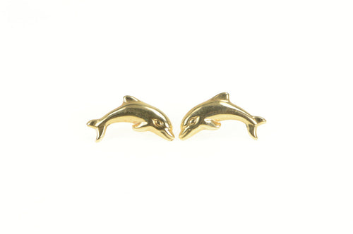 14K High Relief Dolphin Ocean Animal Stud Earrings Yellow Gold