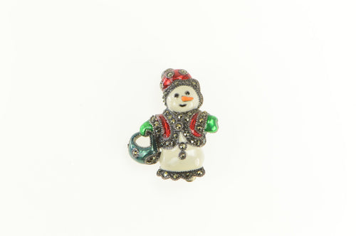 Sterling Silver Marcasite Enamel Snowman Winter Holiday Pin/Brooch