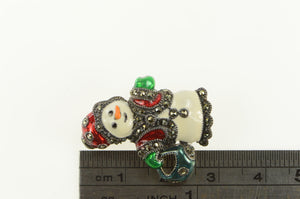 Sterling Silver Marcasite Enamel Snowman Winter Holiday Pin/Brooch