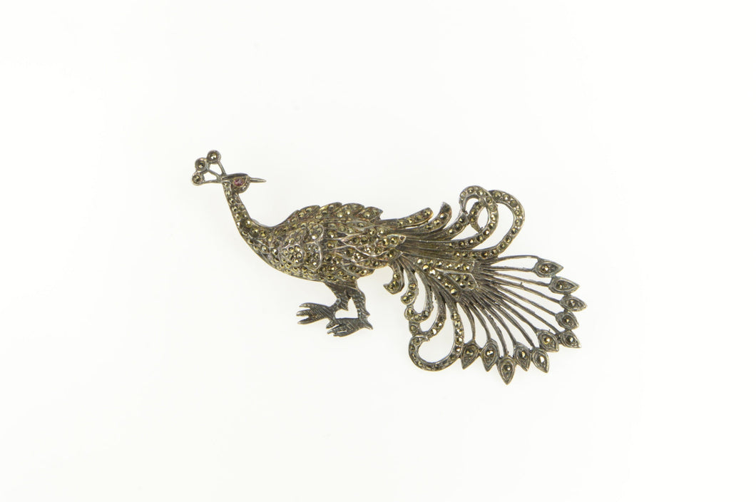 Sterling Silver Vintage Marcasite Encrusted Peacock Statement Pin/Brooch