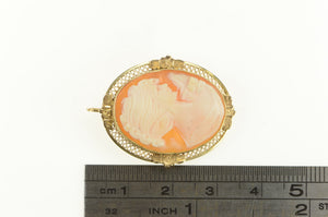 14K Carved Shell Cameo Lady Ornate Vintage Pin/Brooch Yellow Gold