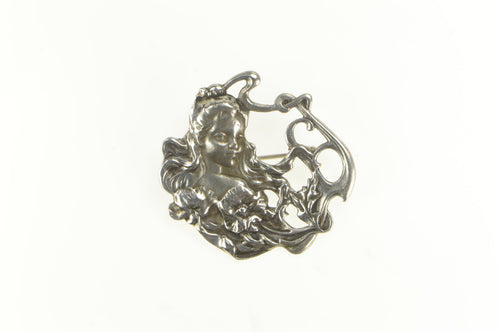 Sterling Silver Art Nouveau Inspired Ornate Lady in Lilies Pin/Brooch