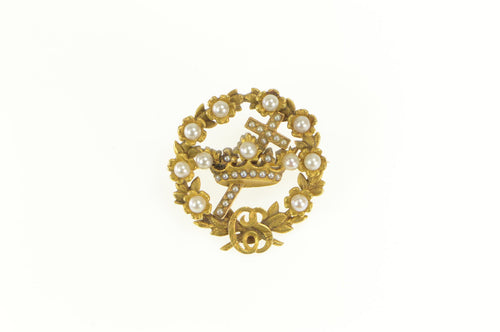 10K C S Monogram Crown and Cross Seed Pearl Pin/Brooch Yellow Gold