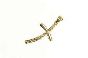 14K Pave Diamond Encrusted Curved Cross Pendant Yellow Gold