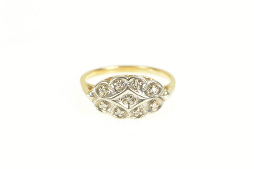 14K 1950's Diamond Scalloped Oval Statement Ring Yellow Gold