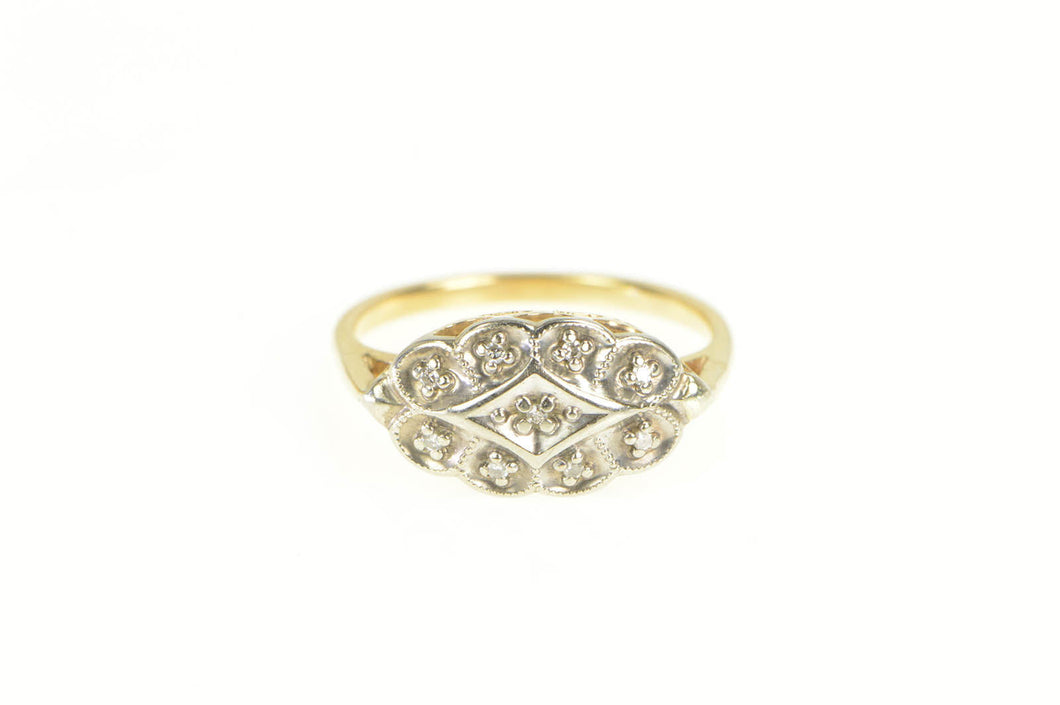 14K 1950's Diamond Scalloped Oval Statement Ring Yellow Gold