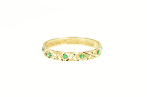 14K Textured Lattice Pattern Green Enamel Band Ring Yellow Gold