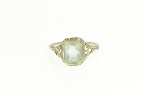 18K Ornate Art Deco Filigree Blue Topaz Statement Ring Yellow Gold