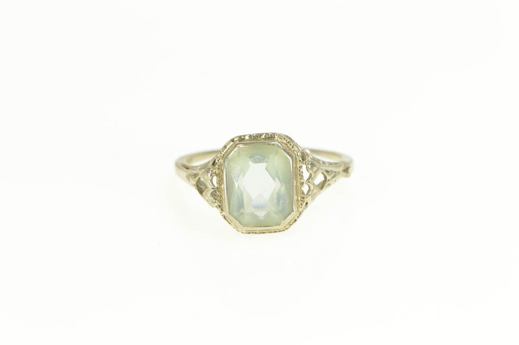 18K Ornate Art Deco Filigree Blue Topaz Statement Ring Yellow Gold