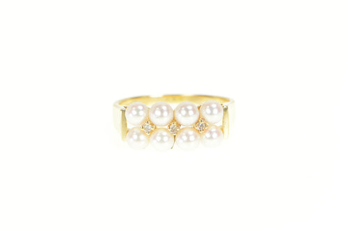 14K Pearl Squared Row Cluster Diamond Accent Ring Yellow Gold