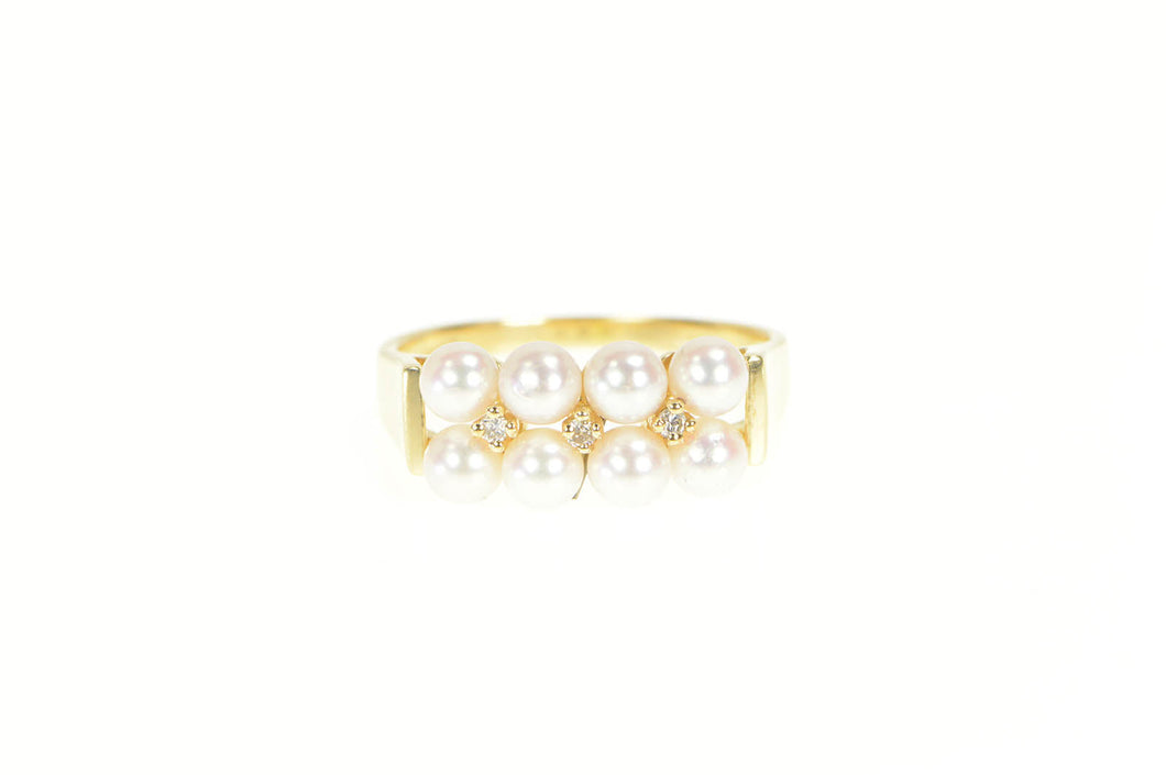 14K Pearl Squared Row Cluster Diamond Accent Ring Yellow Gold
