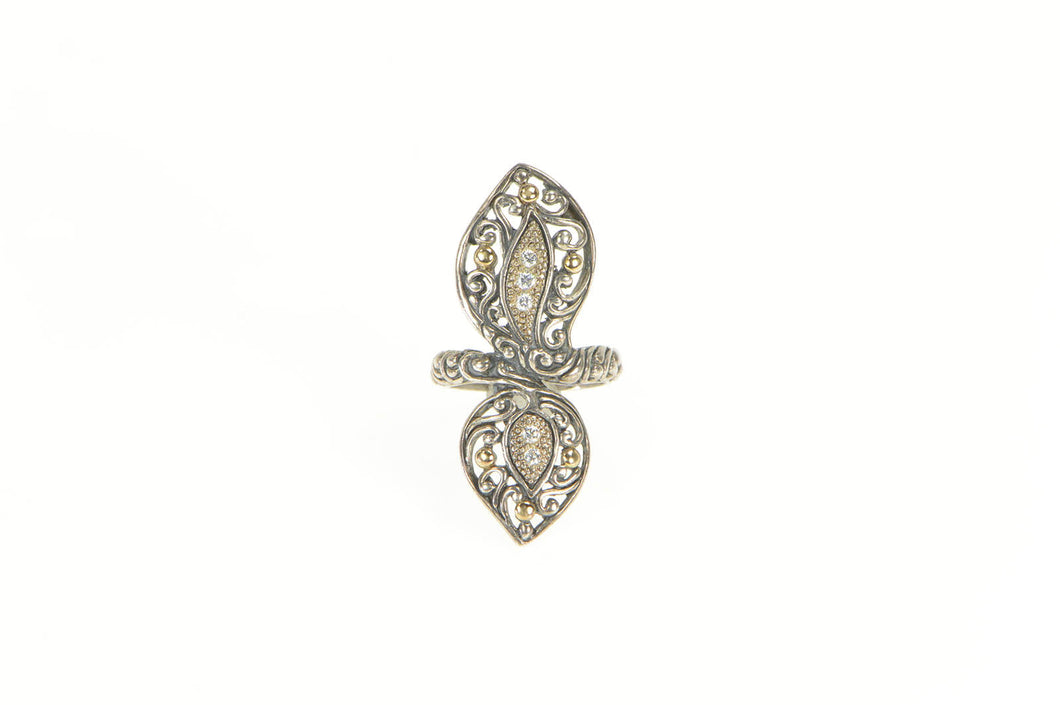 Sterling Silver Two Tone 18k Gold Filigree CZ Bypass Vine Ring