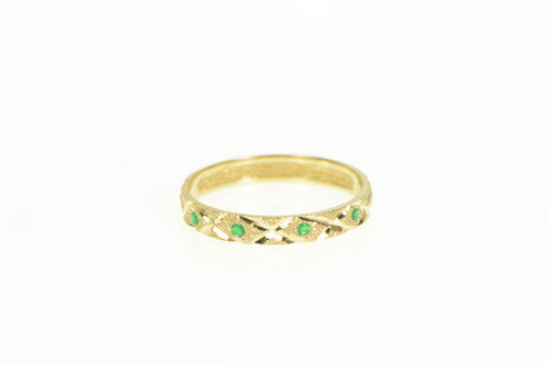 14K Textured Lattice Pattern Green Enamel Band Ring Yellow Gold