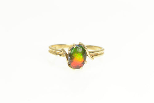 14K Oval Ammolite Bypass Rainbow Statement Ring Yellow Gold