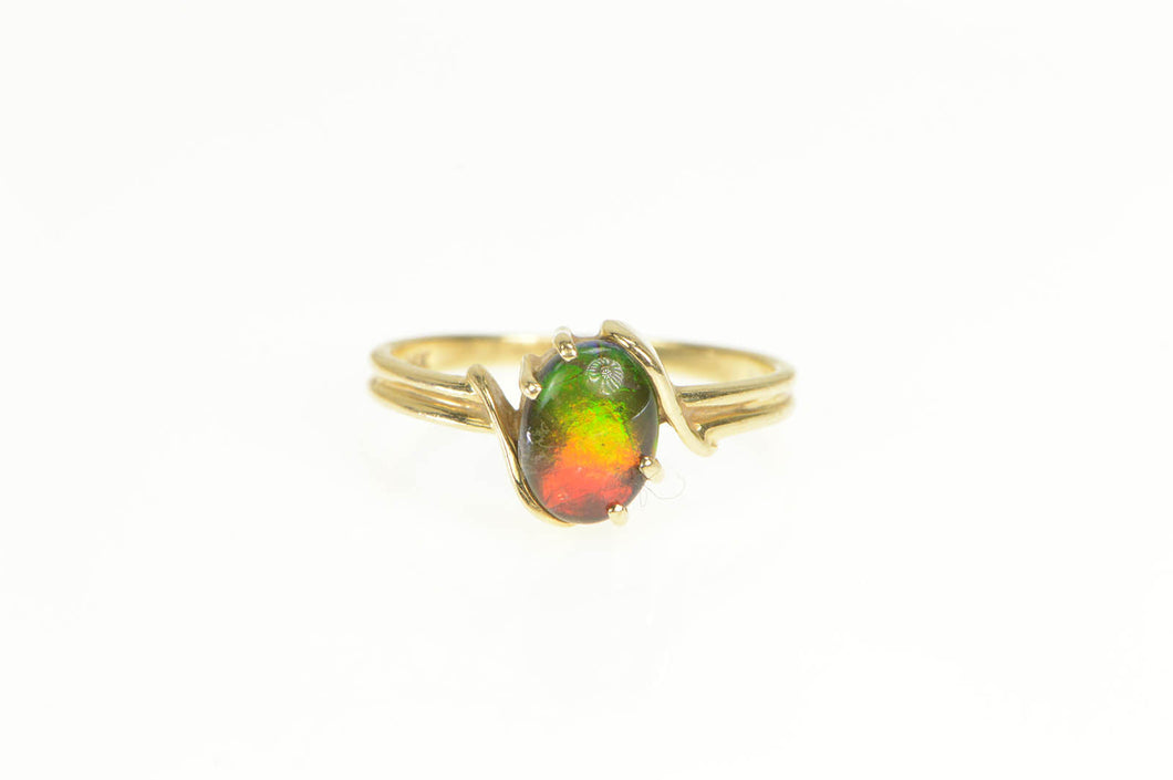 14K Oval Ammolite Bypass Rainbow Statement Ring Yellow Gold