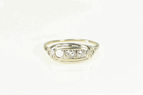 14K Art Deco Ornate Filigree Squared Statement Ring White Gold