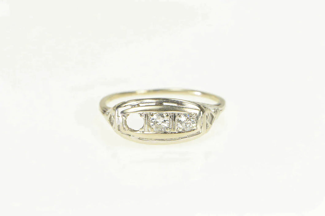14K Art Deco Ornate Filigree Squared Statement Ring White Gold
