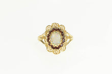 Load image into Gallery viewer, 10K Oval Natural Opal Garnet Halo Filigree Ring Yellow Gold