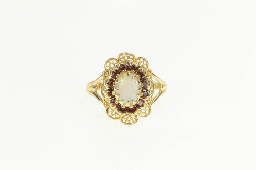 10K Oval Natural Opal Garnet Halo Filigree Ring Yellow Gold