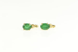 14K Oval Natural Emerald Diamond Accent Stud Earrings Yellow Gold