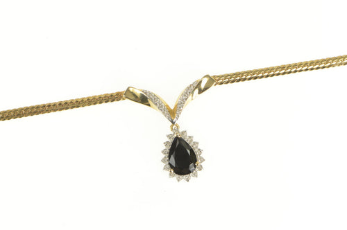 14K Pear Onyx Diamond Halo Herringbone Chain Necklace 17