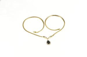 14K Pear Onyx Diamond Halo Herringbone Chain Necklace 17" Yellow Gold