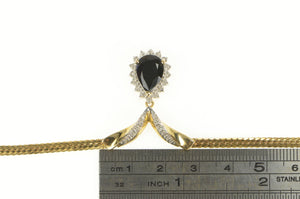 14K Pear Onyx Diamond Halo Herringbone Chain Necklace 17" Yellow Gold