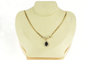 14K Pear Onyx Diamond Halo Herringbone Chain Necklace 17" Yellow Gold