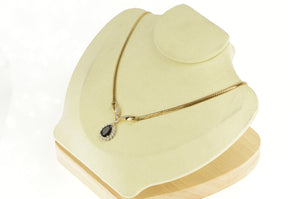 14K Pear Onyx Diamond Halo Herringbone Chain Necklace 17" Yellow Gold
