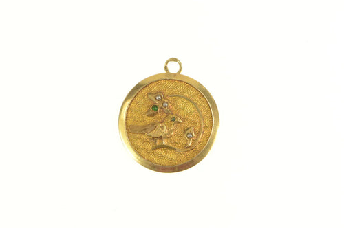 14K Victorian Bird Leaf Seed Pearl Sim Emerald Charm/Pendant Yellow Gold