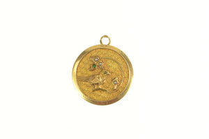 14K Victorian Bird Leaf Seed Pearl Sim Emerald Charm/Pendant Yellow Gold