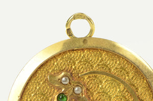 14K Victorian Bird Leaf Seed Pearl Sim Emerald Charm/Pendant Yellow Gold