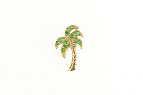 14K Emerald Diamond Palm Tree Tropical Motif Pendant Yellow Gold