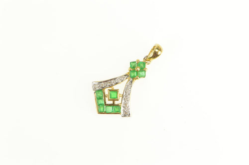 18K Emerald Diamond Ornate Geometric Statement Pendant Yellow Gold