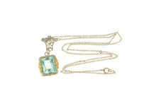 Load image into Gallery viewer, 10K Art Deco Floral Filigree Sim. Blue Topaz Necklace 16.5&quot; White Gold