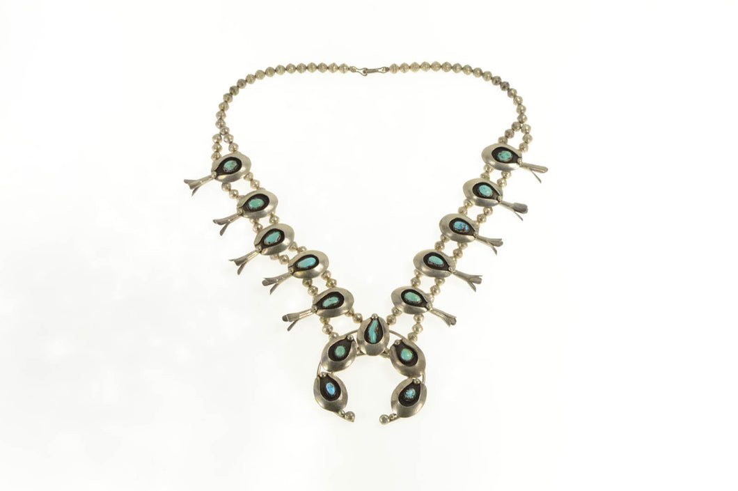 Sterling Silver Native American Turquoise Squash Blossom Necklace 25