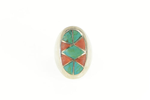 Sterling Silver Turquoise Coral Oval Native American Men's Ring