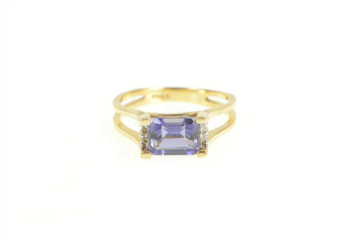 14K Emerald Cut Amethyst Diamond Accent Squared Ring Yellow Gold