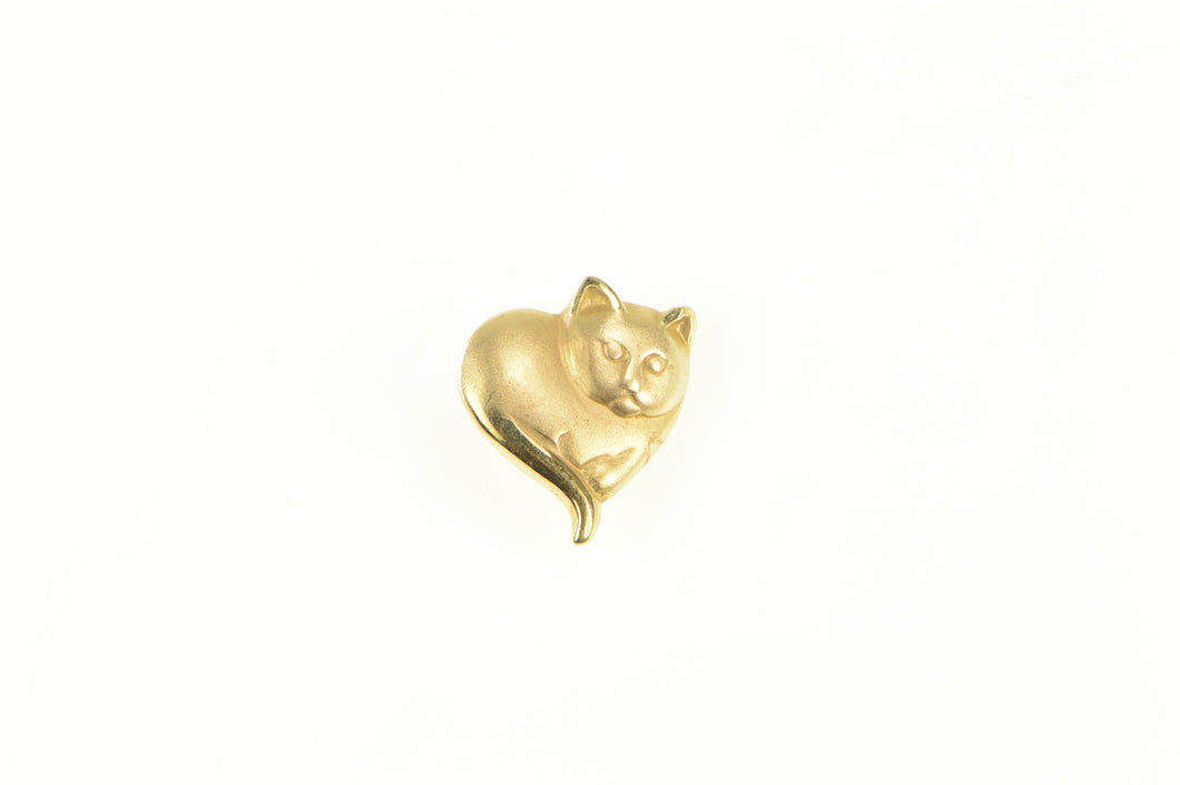 14K Cat Heart Shaped Cuddle Cat Kitten Love Pendant Yellow Gold