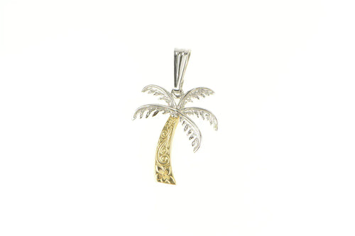 14K Two Tone Ornate Palm Tree Beach Tropical Pendant Yellow Gold