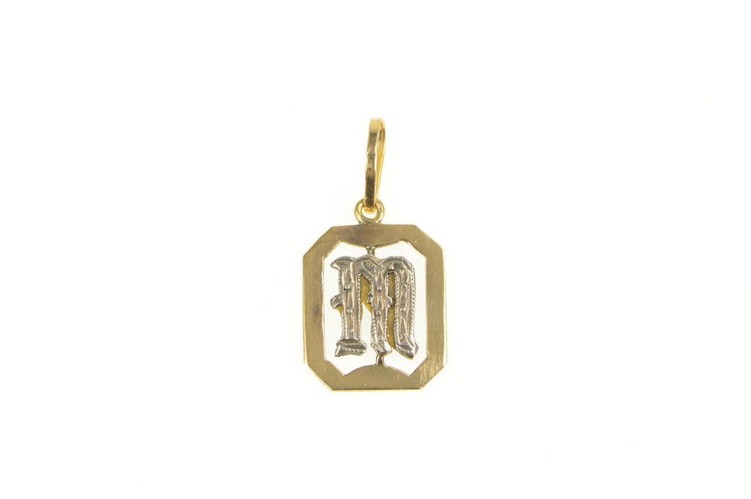 18K Ornate Two Tone M Monogram Initial Squared Charm/Pendant Yellow Gold
