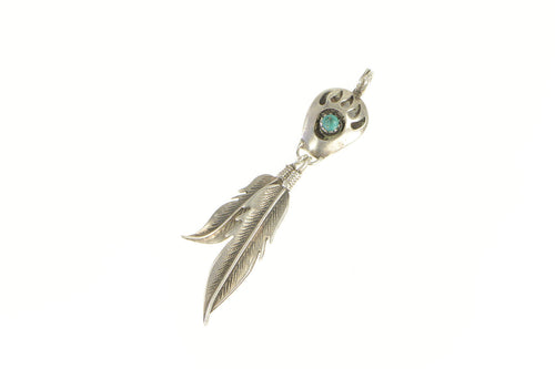Sterling Silver Native American Bear Claw Turquoise Feather Pendant