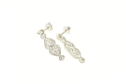 14K Art Deco 0.75 Ctw Diamond Elaborate Dangle Earrings White Gold