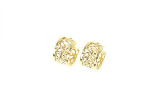 14K Flower Pattern Filigree Squared Hoop Earrings Yellow Gold