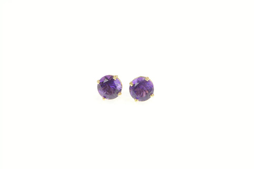 14K Round Amethyst Solitaire Classic Stud Earrings Yellow Gold