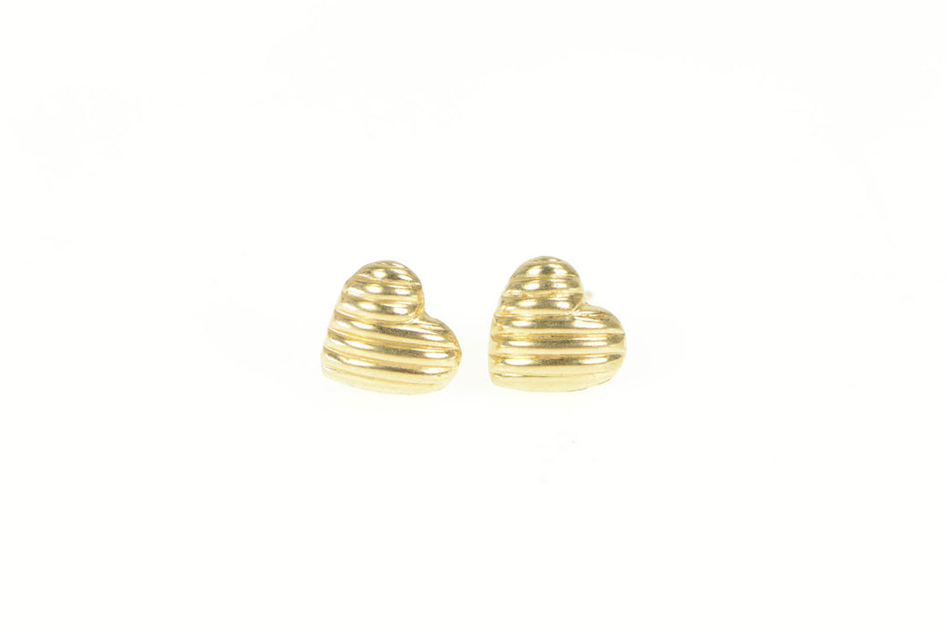 14K Grooved Heart High Relief Love Symbol Stud Earrings Yellow Gold